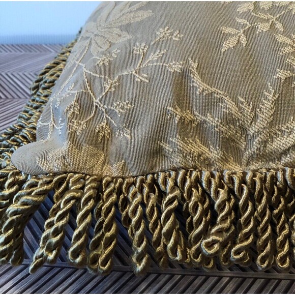 Vintage Tapestry Throw Pillow w/ Tassels Gold Tone Autumn Maple Leaf Print - Picture 4 of 9